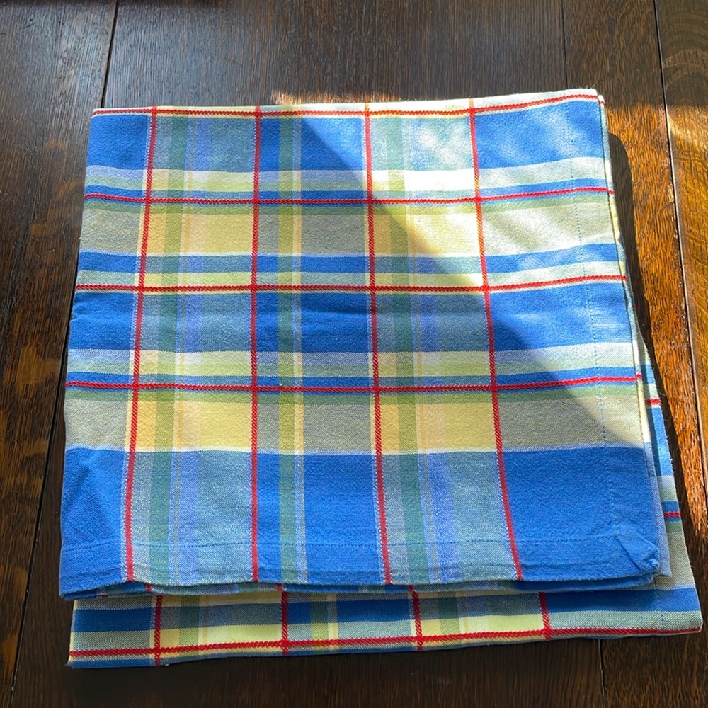 XOCHI yellow/blue plaid table cloth, woven cotton, approx. 55" square